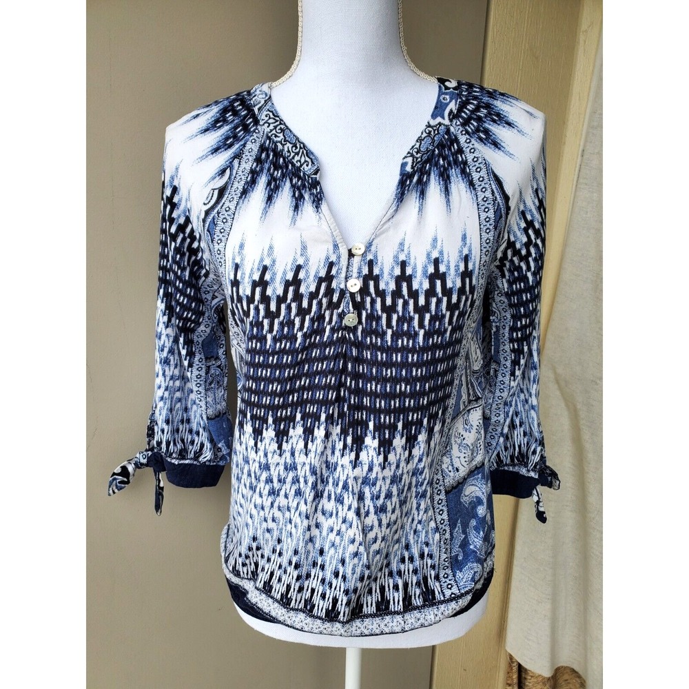 Figueroa and Flower Peasant‎ Top Womens Petite Medium Blue White Elastic Waist